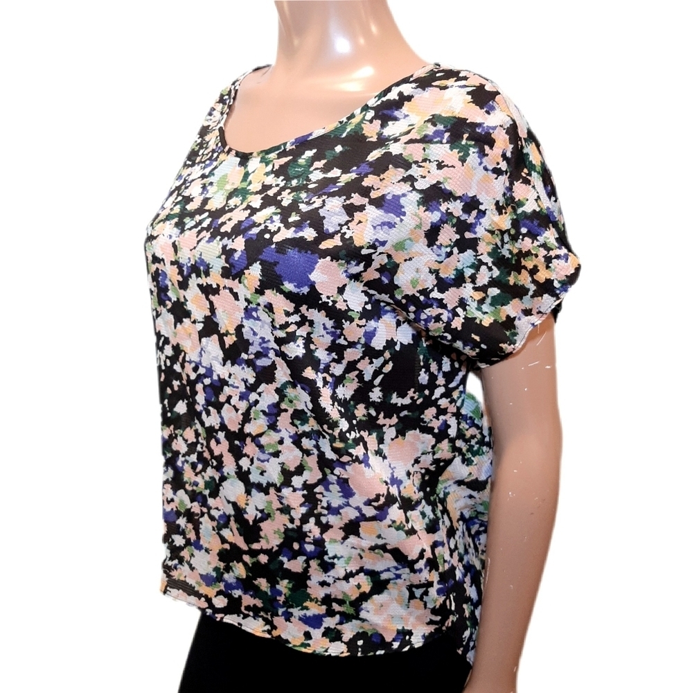 Bcbgeneration Floral Flowy Blouse Short Sleeve Draped Open Back Womens Medium